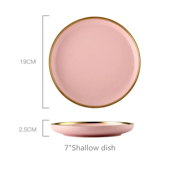 Gilt Rim Pink Porcelain Dinner Plate Set Kitchen Plate Ceramic Tableware Food Dishes Rice Salad Noodles Bowl Mug Cutlery Set 1pc